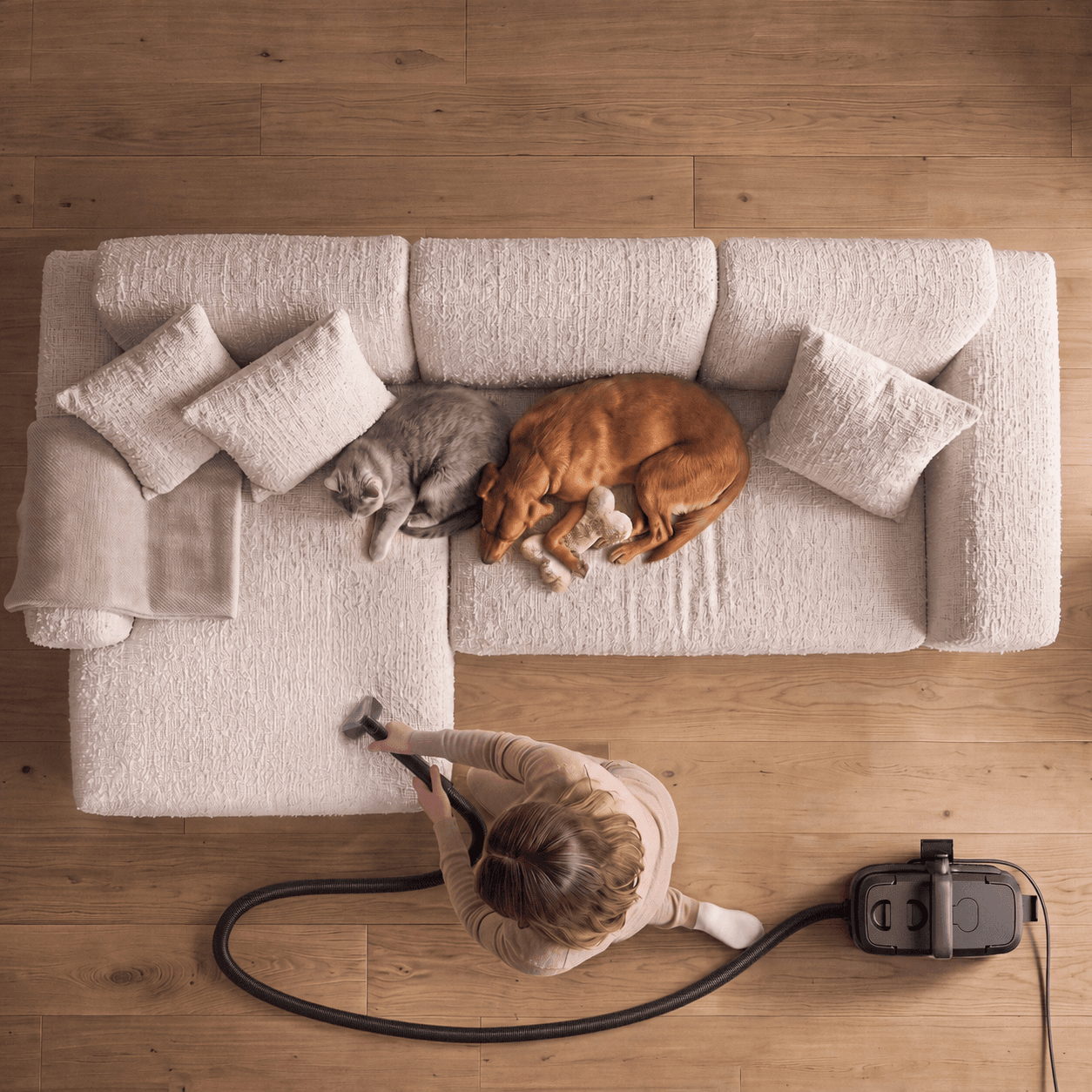 Ein Bouclé-Sofa in warmem Cremeton mit schlafender Katze und schlafendem Hund, daneben ein Feigenbaum vor einer Putzwand.