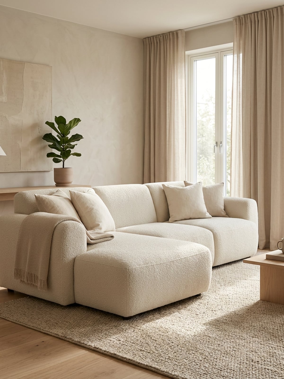 Ein helles Wohnzimmer in warmem Seitenlicht: ein Bouclé-Sofa auf einem Juteteppich, daneben eine Eichenkonsole mit Tischlampe und eine Geigenfeige vor einer Wand aus warmem Putz, dahinter bodenlange Leinenvorhänge.